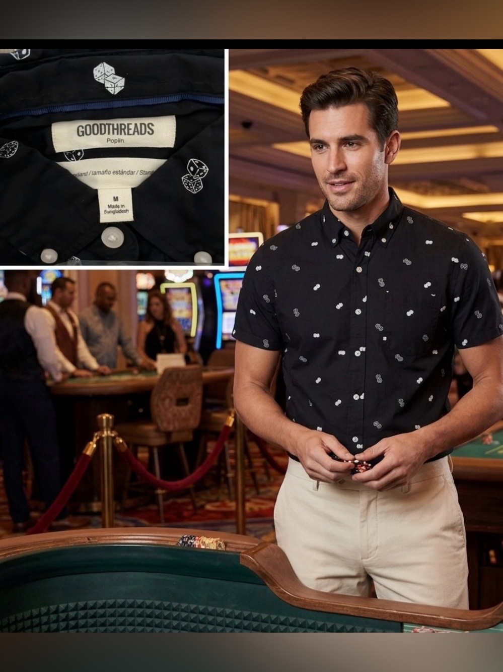Goodthreads Poplin black button up short sleeve shirt with dice throughout